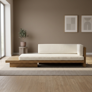 Canapé-lit de studio artisanal en lin blanc, banquette de salon profonde avec base en bloc encastrée - Product Image 3