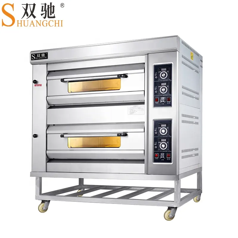 Shuangchi Mesin Pemanggang Kue Stainless Steel Komersial 2 Dek 4 Baki dengan Roda Baking Gas Pizza Oven