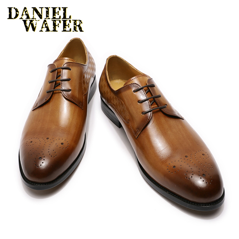 Italian Genuine Leather Men Brown Wedding Oxford Shoes Lace-Up Office  Business Suit Men's Dress Shoe