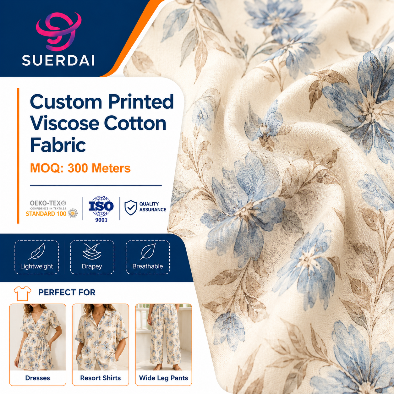Soft Drape Viscose Cotton Rayon Woven Printed Fabric for Lightweight Womenswear and Resort Shirt Wide Leg Pants Custom Print