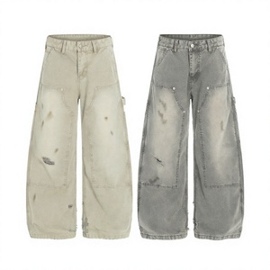 Jean cargo délavé coupe large en denim, style décontracté streetwear - Product Image 4