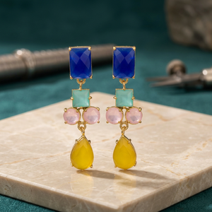 Boucles d'oreilles pendantes ethniques multicolores en pierres précieuses, bleues, vertes, roses, jaunes, plaquées or, pour fiançailles, mariage, fête - Product Image 4