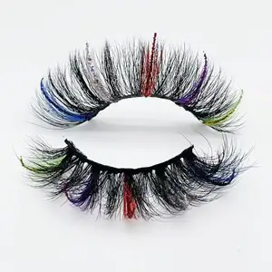 Natural wholesale fluffy full strip colored with glitter fluffy human hair ladies colorful eyelashes lashes
