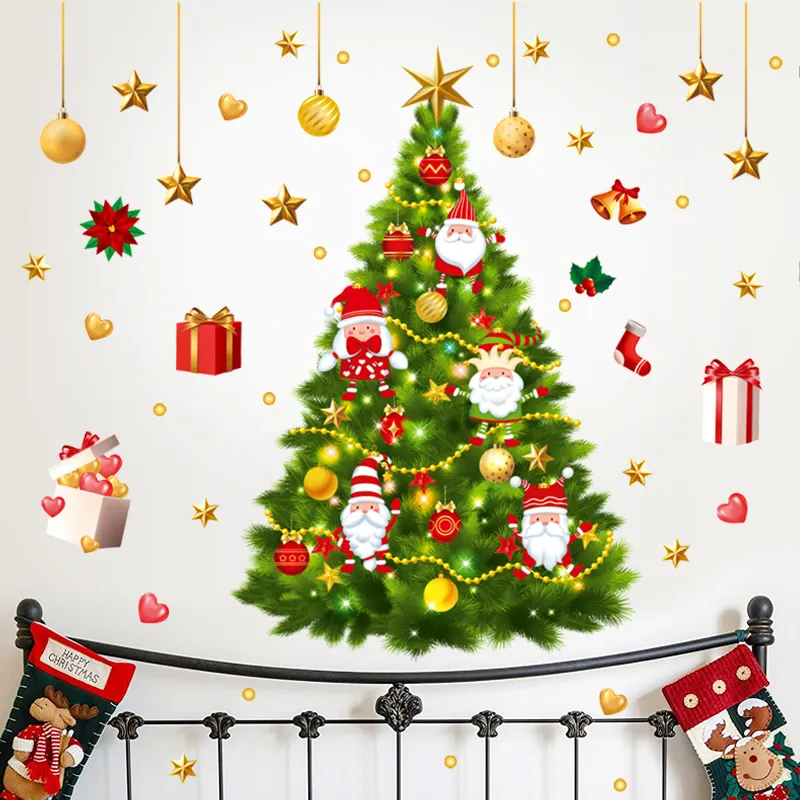 Christmas Wall Stickers Xmas Tree Handing Gifts Box Wallpaper Festival Window Decal Self Adhesive Living Room Decorative Murals