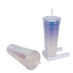 クリエイティブストローマグプラスチック2層フラッシュピンクフィッシュスケールカップ