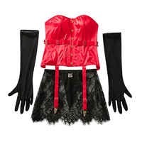 Nouveau Corset Bustier en Satin à Col Cœur avec Bretelles en Dentelle et Mini-Jupe en Maille