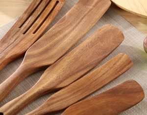 Spatules en bois de teck naturel antiadhésives, cuillères à trous en bois d'acacia, ensemble d'ustensiles pour la cuisine à domicile - Product Image 5