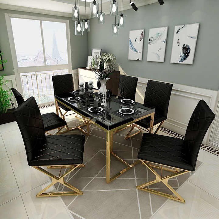 Postmodern Fancy Golden Stainless Steel Tempered Glass Top Lacquered Dinner  Table
