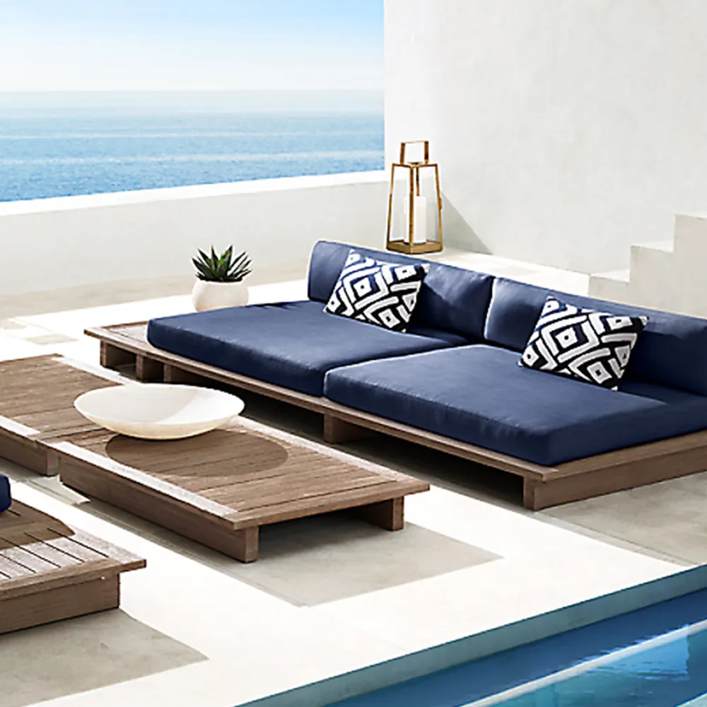 Sofá modular de madera de teca para exteriores, conjunto de muebles de patio de lujo de Panamá, color azul