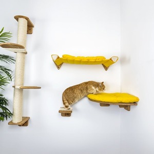 Ensemble moderne d'arbre à chat en bois et griffoir, avec étagère murale d'angle et marches en sisal - Product Image 2