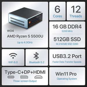 มินิพีซี Peladn WO4 รุ่นขายดี Ryzen5 5500U DDR4 16G M.2 SSD 2280 500G พอร์ต Type-C WiFi 6 - Product Image 4