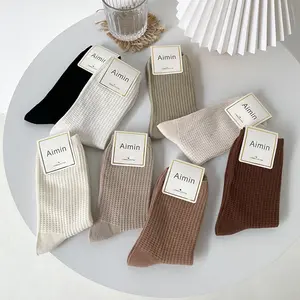 unisex womens 2021 high quality low MOQ 100% cotton fashion crew socks logo custom logo Waffle slouch socks Custom socks