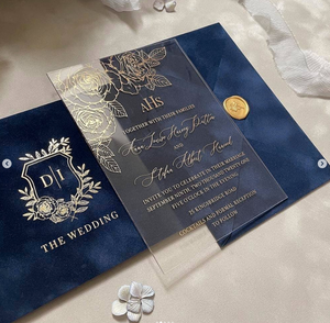 งานแต่งงานอะคริลิคฟอยล์สีทองลายดอกกุหลาบอ่อนโยนสำหรับเจ้าสาวสุดหรูพร้อมซองกำมะหยี่สีกรมท่า - Product Image 3