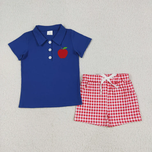 Longlv Toddler Baby Girl Boy Back School Outfits Apple Embroidery Short Sleeve Tops Plaid Shorts Spandex/Cotton Summer <b>Clothes</b> - Product Image 4