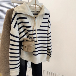 Pull en maille rayé à col marin et demi-zip pour femme, coupe ample, épais, anti-boulochage, manches longues, automne-hiver - Product Image 1