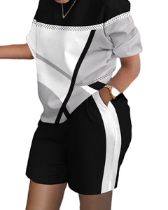 Conjunto de pantalones cortos informales de verano para mujer, Camiseta con estampado de letras, pantalones cortos a juego, Traje de dos piezas de tela con decoración de patrón - Product Image 5