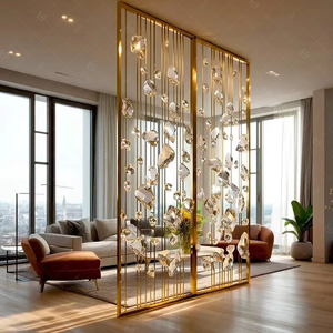 Cloison de séparation en verre cristal avec cadre en acier inoxydable doré moderne sur mesure pour salon et hall d'entrée - Product Image 3