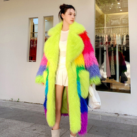 Manteau de luxe en vraie fourrure de mouton tibétain vert néon arc-en-ciel pour femme, longue veste en fourrure de mouton de Mongolie bouclée, véritable fourrure brunée