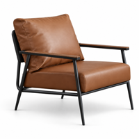 Fauteuil moderne en tissu ivoire avec structure en métal noir et accoudoirs imitation bois pour salon, hall d'hôtel, salle d'attente, chaise longue
