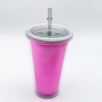 Gobelet isotherme OEM au design moderne, double paroi, en plastique électroplaqué pailleté, avec couvercle et paille, 450 ml, pour café froid