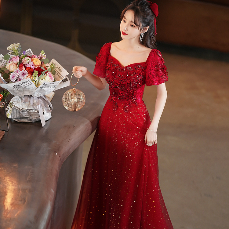 strapless open back dress Luxury Pearl Red Evening Dress with 3D Flowers Cape SS585 – DreamyVow main image 0