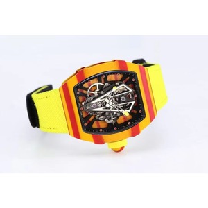 A high-end and fashionable men's <b>watch</b> with a visible dial and a carbon fiber <b>skeletonized</b> design in yellow and red - Product Image 1