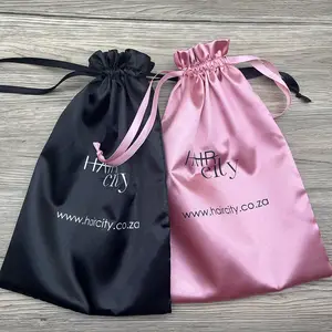 Logotipo personalizado luxo Drawstring Satin Dust Bag Cabelo Extensões Silk Satin Drawstring Poeira Cabelo Bundle Embalagem Saco