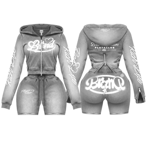 Conjunto de Sudadera Corta y Pantalones Cortos Verdes para Mujer, Transpirable, de Forro Polar Ecológico, con Cremallera de Manga Larga, Estampado de Encaje, 2 Piezas, Poliéster y Algodón - Product Image 2