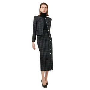 Tweed Church Suits Women Ladies Formal Designer Black Midi Skirt Suits for Party Wear