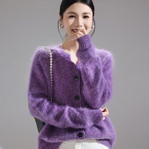 Cardigan en laine pour <span class=keywords><strong>femme</strong></span>, tricot en laine personnalisé avec logo, vente en gros, couleur unie, col rond, <span class=keywords><strong>pull</strong></span> en laine brossée, vente directe d'usine - Product Image 4