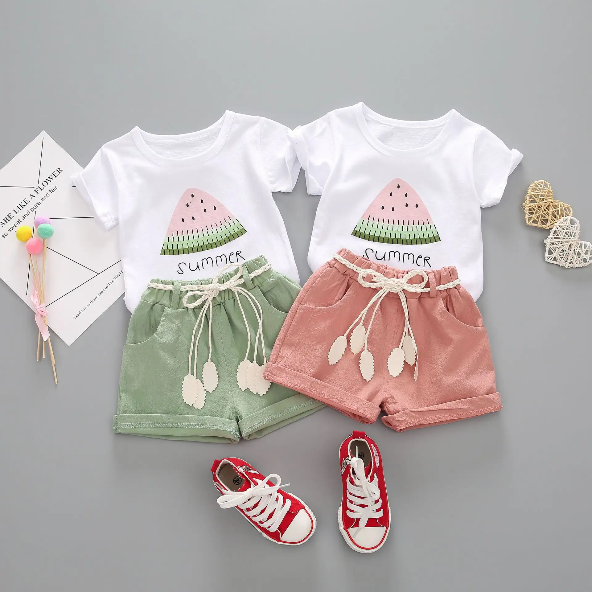 ירוק אופק ילדי הילדה של קיץ בוטיק בגדי סטים חמוד קריקטורה אבטיח הדפסת ילדי בנות סטי בגדים