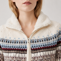 Cardigan en laine mérinos mélangée pour femme, col zippé en polaire jacquard géométrique OEM