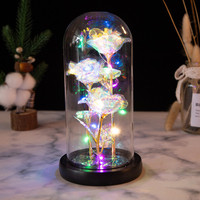 Bunga Awetan dalam Kubah Kaca Galaxy Rose Hadiah Valentine Natal Mawar Berlapis Emas 24K dalam Kubah Kaca dengan Lampu