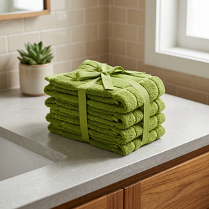 Serviettes de cuisine en coton écologiques à séchage rapide en tissu éponge vert, couleur unie, rectangulaires, tissées, lavables en machine, instructions d'entretien - Product Image 1