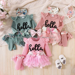 <span class=keywords><strong>HELLO</strong></span> TM NUOVO Completo in Cotone a Coste con Scritta, <span class=keywords><strong>Abbigliamento</strong></span> Primaverile e Autunnale per Neonati, Tutina con Pantaloncini e Gonna a Tutu per Bambine - Product Image 1