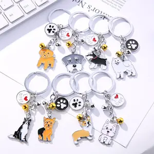 High quality wholesale custom your own design logo cute dog puppy soft enamel metal keychain with bell