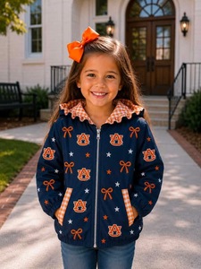 Manteau à capuche zippé pour enfants, motif étoiles et volants, avec nœuds de mascotte d'équipe scolaire personnalisés, style boutique, vêtements mignons pour sœurs, vente en gros, automne - Product Image 2