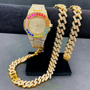 Conjunto <span class=keywords><strong>de</strong></span> Joyería Hip Hop <span class=keywords><strong>de</strong></span> Lujo para Hombre, Reloj Dorado con Diamantes <span class=keywords><strong>de</strong></span> Imitación, Cadenas Cubanas <span class=keywords><strong>de</strong></span> Cristal, Estilo Masculino, Caja <span class=keywords><strong>de</strong></span> Aleación, Esfera <span class=keywords><strong>de</strong></span> Cristal, para Él y Ella - Product Image 2