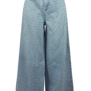 Venta al por mayor de fábrica 2025: Jeans de mujer de cintura alta azul claro con pedrería, de pierna ancha, a la moda, casuales, sueltos y rectos. - Product Image 3