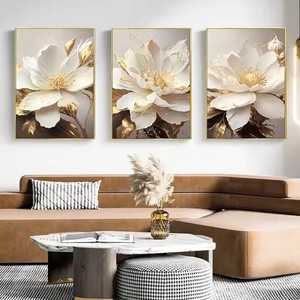 Pintura al óleo abstracta moderna de flor de loto blanco con arte de lienzo con estampado de hoja dorada para decoración del hogar de sala de estar de lujo - Product Image 2