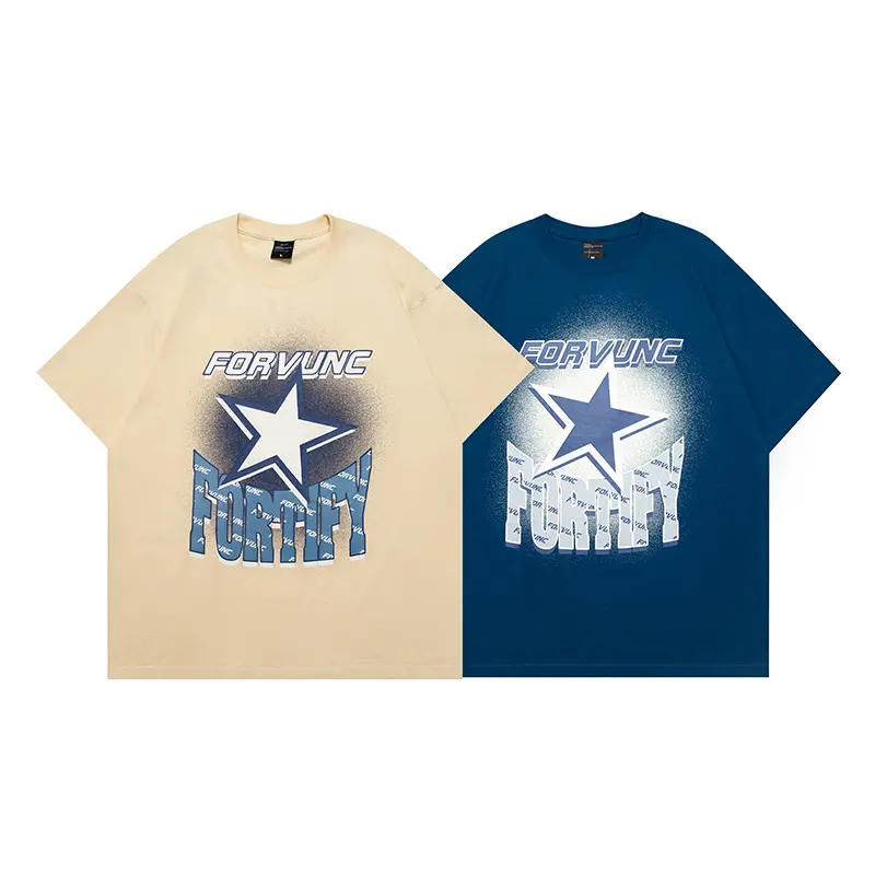 Camiseta de manga curta estampada com estrela americana de marca nacional, camiseta solta de verão para casal de manga curta 200g