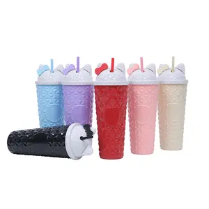 New Product 15oz 22oz 35oz Double Wall Plastic Tumbler Cups 3pcs 1 Set Logo Mouse Ear Shaped Matte Bottle Cup With Straw