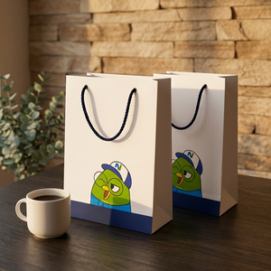 Sac cadeau en papier blanc avec poignée en corde de coton, impression sérigraphique, recyclable, sac plat standard avec motif de canard de dessin animé, usage professionnel - Product Image 1