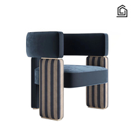 Fauteuil individuel en velours à rayures contrastées, style moderne de luxe léger, avec cadre de bras géométrique à blocs creux et garniture métallique, pour salon moderne
