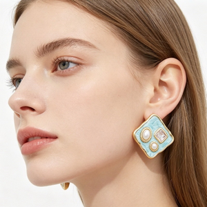 Pendientes de Perlas de Esmalte Azul de Moda, Marco Cuadrado Irregular Dorado, Cristal, Accesorios Diarios de Oficina para Mujer - Product Image 4