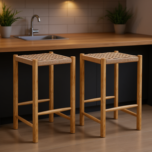 Set Of 2 26 Inch Wood Bar <b>Stools</b> Natural Minimalist Modern <b>Dining</b> Furniture - Product Image 2