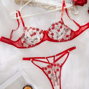 Women's Sexy Embroidered Flowers Fun Underwear Mesh Mesh Comfortable <b>Perspective</b> Gathering Bra Set Women's Clothing - Product Image 1