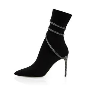 New Stretchy Knitted Material Pointed Toe Ankle Wrap Heel 2025 <b>Socks</b> <b>Boots</b> for Women - Product Image 2