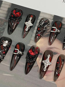 Ongles portables en résine faits à la main, style gothique sombre de luxe, haut de gamme, rouge foncé automne-hiver, manucure éclaircissante, couvrance totale, pur - Product Image 3