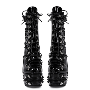 Botines de tacón alto y grueso con plataforma y cordones cruzados de charol para mujer, talla grande 47, con hebillas metálicas y ajuste ancho - Product Image 2